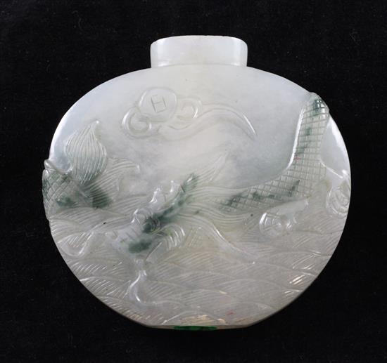 A Chinese jadeite moonflask-shaped snuff bottle, 1800-1900, Richards no. 396